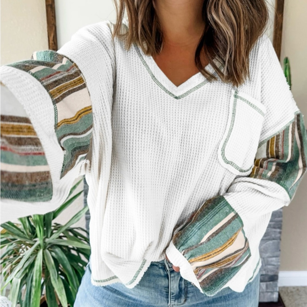 White Striped Patchwork Exposed Seam Waffle Knit Top